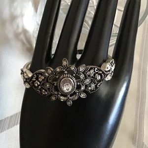 Retro Victorian style filigree bracelet with beading, hinged to put on wrist